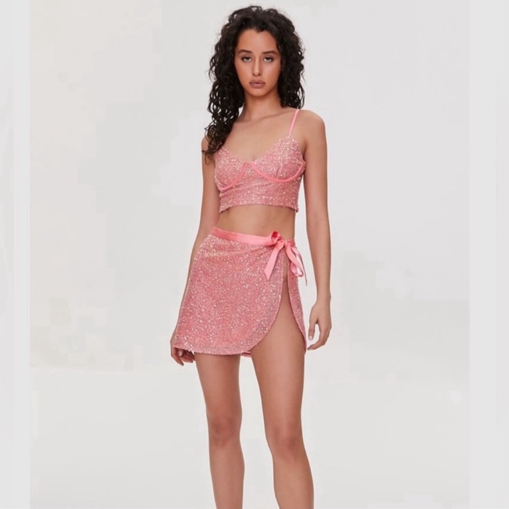 Forever 21 pink cropped sequin cami and skirt set